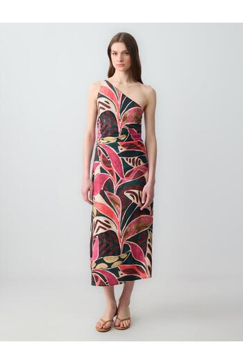 Jimmy Key Mixed Slim Fit One Shoulder Asymmetric Collar Linen Midi Dress