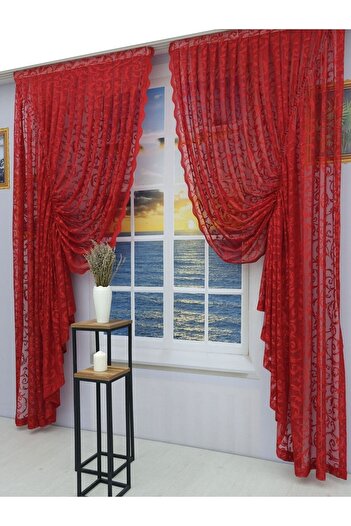 Artper Perdeniz Gathered 2 Wings Tulle Background Curtain Red