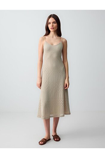 Jimmy Key Stone Slim Fit Strap V-Neck Openwork Knitted Midi Dress