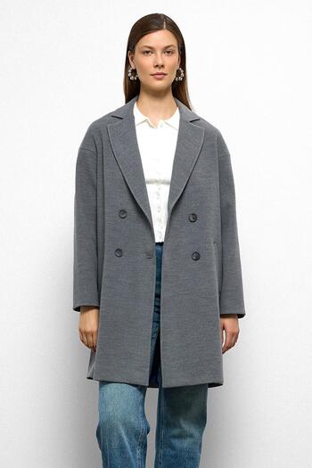 Olcay Patterned Lined Oversize Double Breasted Coat Gray 3095
