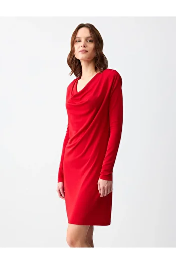 Jimmy Key Red Draped Neckline Long Sleeve Knitted Mini Dress