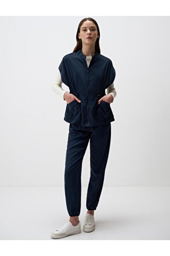 Jimmy Key Navy Blue Narrow Leg Normal Waist Gabardine Trousers with Cargo Pockets