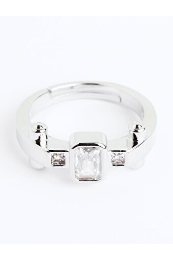 Jimmy Key Silver Color Square Stone Detailed Shiny Ring