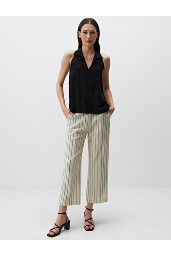 Jimmy Key Black Halter Neck Stand Collar Linen Blouse
