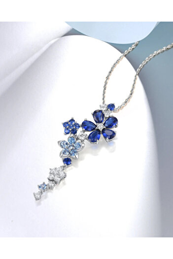 Brezza Lusso Jewelry Safir Taşlı Pırlanta Model Çiçek Demeti Kadın Gümüş Kolye