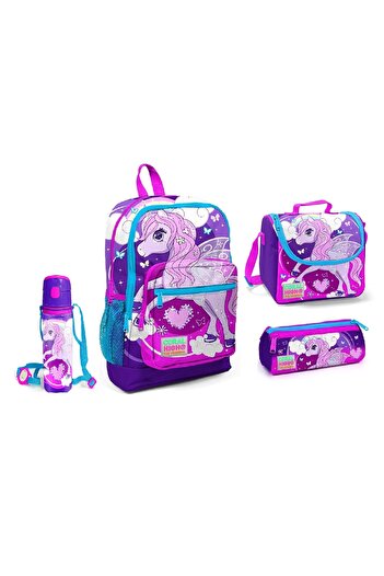 Coral High Purple Unicorn Patterned Nutrition School Bag Pen Holder + Water Bottle