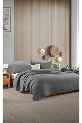 destinyhometex Dark Gray 4 Layer Muslin 100% Cotton Double Personality Bedspread Without Fringe/Pike 230X240Cm Battal Size