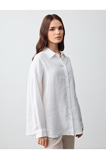 Jimmy Key Beyaz %100 Keten Oversize Cepli Uzun Kollu Gömlek