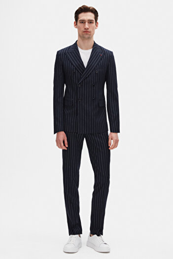 D'S Damat Ds Damat Regular Fit Navy Blue Striped Double Breasted Suit