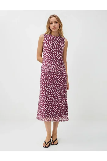 Jimmy Key Burgundy Slim Fit Round Neck Polka Dot Mesh Midi Dress