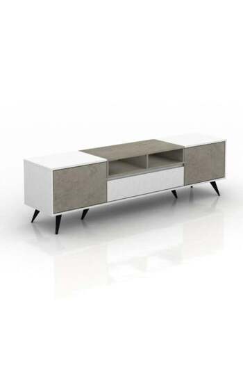 BAITY Modern TV Table with Multiple Storage Drawers, 179 cm, Malaysian Wood in White and Gray