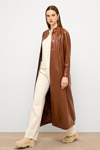 Olcay Judge Collar Belt Detailed Long Leather Trench Coat Taba 6775