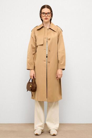Olcay Punto Stitch Detail Comfortable Fit Water Repellent Trench Coat Kamel 6769