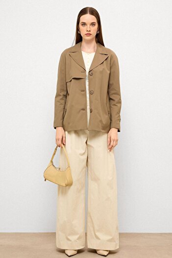 Olcay Short Trench Coat with Cape Detail and Pleated Back, Water Repellent Feature Mink 6772