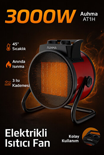 auhma AT1H Elektrikli Isıtıcı Fan Kırmızı | 3000W Hızlı Isınma, 3 Kademeli Ayar, Sessiz PTC Isıtma T