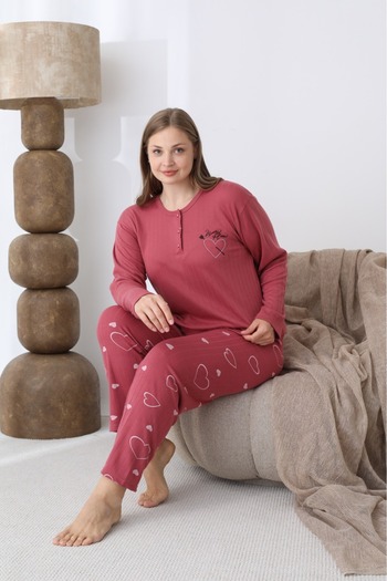 Eyfuze Women's Winter Plus Size Curve Embroidered Patterned Collar Buttoned Long Sleeve Pajama Set