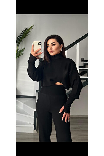 hiraz fashion Women's Black Fingerless Knitwear Crop Set