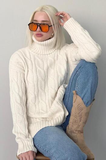 Madmext Ecru High Neck Knitwear Sweater Mg2376