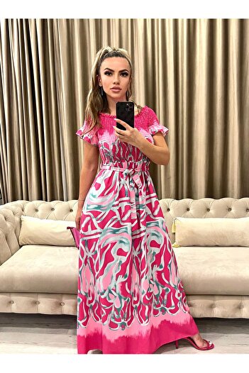 Intisimo Women's Dress, Long, Drawstring Waist, Fuchsia Pink/Blue