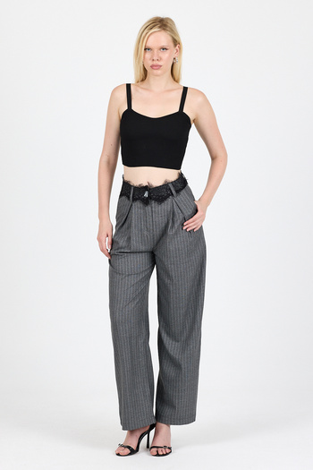 Eco Sense Black Lace Detailed Gray Striped High Waist Wide Leg Classic Pants - Women's Pants