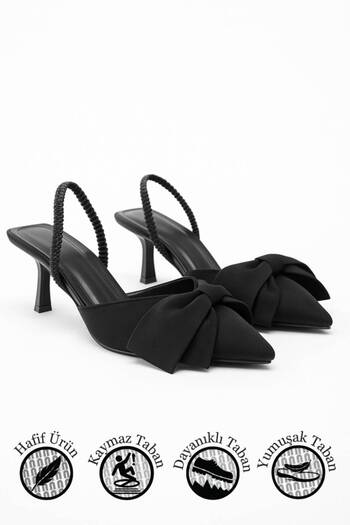 İmerShoes Daily Women's Black Shoes Bow Detailed Flexible Strap Pointed Toe Thin Heeled Evening Dress Shoes 1027