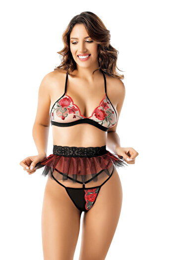 WİYONA Women's Burgundy Lace Leg Banded Garter Suit W-3346