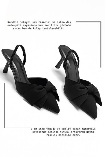 İmerShoes Daily Women's Black Shoes Bow Detailed Flexible Strap Pointed Toe Thin Heeled Evening Dress Shoes 1027