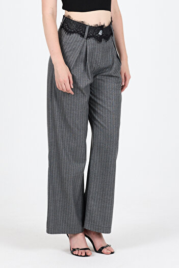 Eco Sense Black Lace Detailed Gray Striped High Waist Wide Leg Classic Pants - Women's Pants