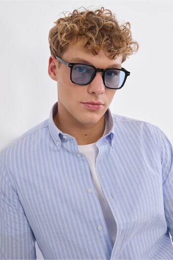 Dufy Синя чоловіча сорочка Slim Fit у смужку з ґудзиками на комірі та довгими рукавами