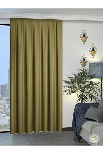 FAVOLLİ Oil Green Pleated Linen Textured Background Curtain