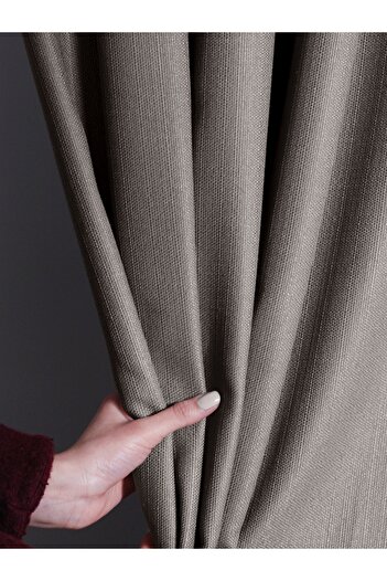 FAVOLLİ Gray Color Pleated Linen Textured Background Curtain