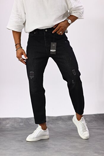 MADZEYMODA Ανδρικό μαύρο τζιν Boyfriend με σκισμένη λεπτομέρεια