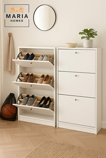 MARIA HOMES White Shoe Cabinet – 3 Tier Slim Storage Organizer for Entryway 62×25×120 cm