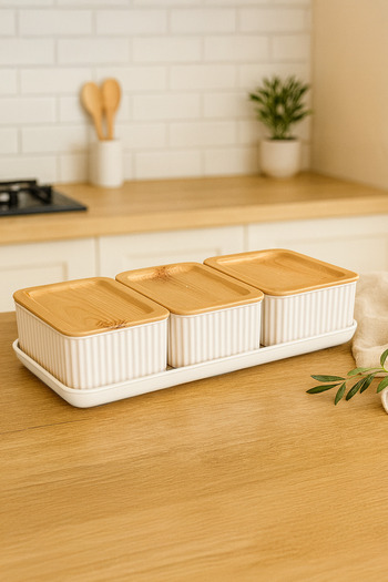 Kitchen Life 4 Piece Bamboo Look Breakfast Set with Tray, Jam Bowl and Snack Bowl - Breakfast Bowl Set