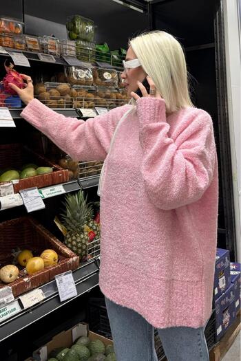 Madmext Pink Crew Neck Women's Boucle Sweater Mg2480