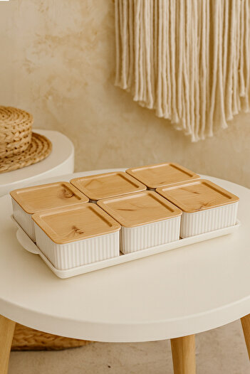Kitchen Life 7 Piece Bamboo Look Breakfast Set with Trays - Square Breakfast Bowl Set Storage Container