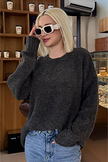 Madmext Anthracite Crew Neck Women's Boucle Sweater Mg2480