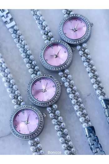 Bonicce Retro Model in Special Gift Box, Minimal Case Silver Pink, Women's Bracelet with Pearl