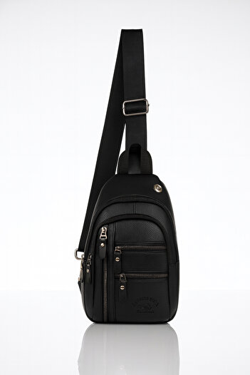 AVCA Unisex Black Waterproof Vegan Leather Cross Strap Waist Shoulder Chest Bag with Headphone Outlet
