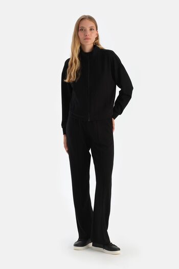 Dagi Black Wide Leg Ribbed Basic Modal Trousers