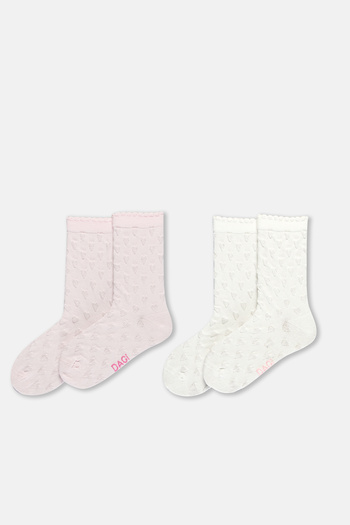Dagi Ecru-Pink Girl's 2-Piece Heart Patterned Socks