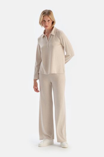 Dagi High Waist Ecru Wide Leg Trousers