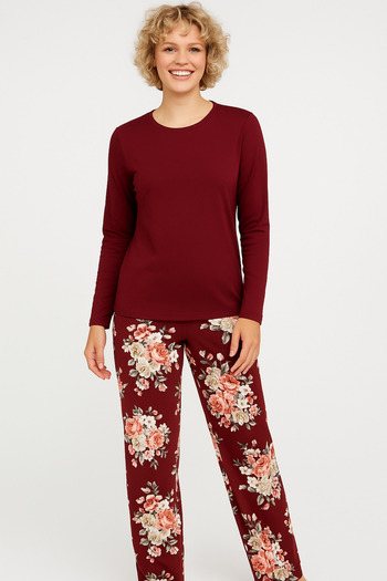 ModaLeaf Burgundy Colored Long Sleeve Burgundy Floral Patterned Pajama Set