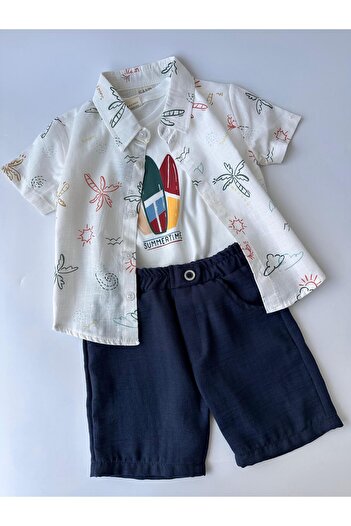 Mylamia Linen 100% Cotton Palm Patterned Shirt T-Shirt and Shorts Boy's Suit