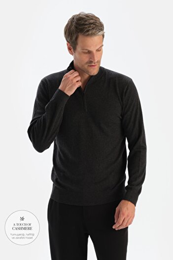 Dagi Anthracite Men's Cashmere Blend Zipper Collar Knitwear