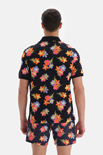 Dagi Navy Blue - Pink Floral Patterned Pique Polo Neck Tshirt