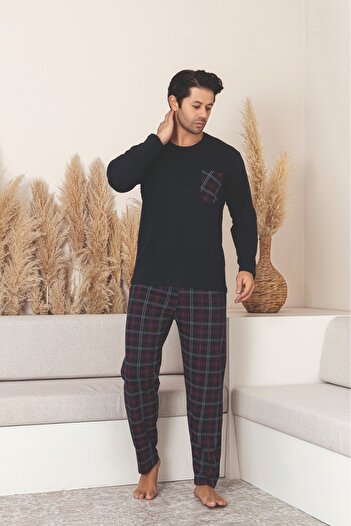 Sude HOMEWEAR Men's Plaid Pocket Long Sleeve Pajama Set