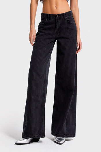 its basic Women's Smoked Striped Color 1W5-1 Super Palazzo Fit Flexible Special Fabric Inner Length 80cm Denim Jean
