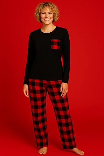 ModaLeaf Black Color Long Sleeve Red Plaid Patterned Pajama Set