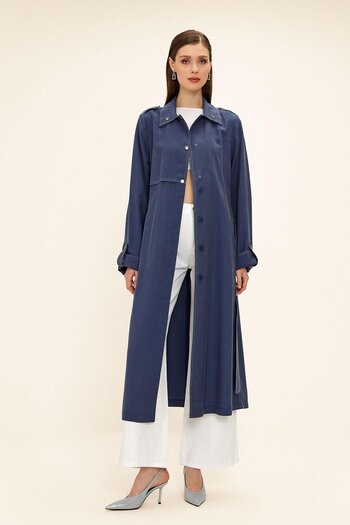 Olcay Ungefütterter Modal-Trenchcoat mit Kontrastnähten und Details INDIIGO 6717